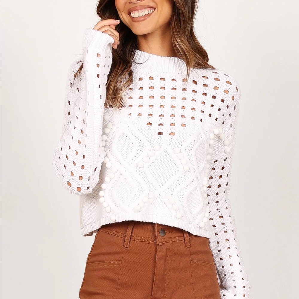 White Cropped Open Knit Pom Pom Sweater